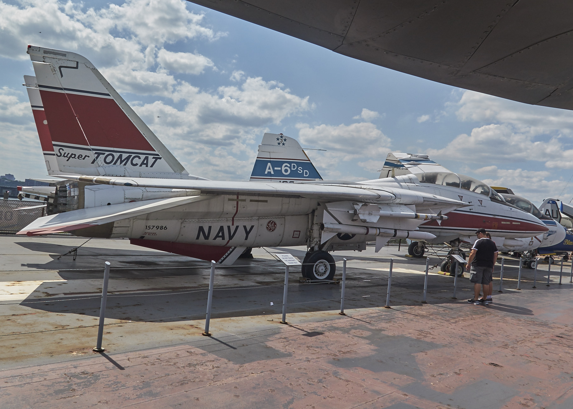 An F14 Tomcat sits aboard the USS Intrepid