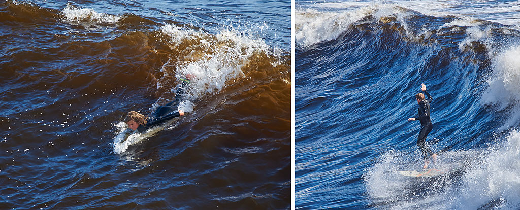 The bronze hue of the waves are due to an algae bloom or “Red Tide”, common in the Santa Cruz/Monterey regions